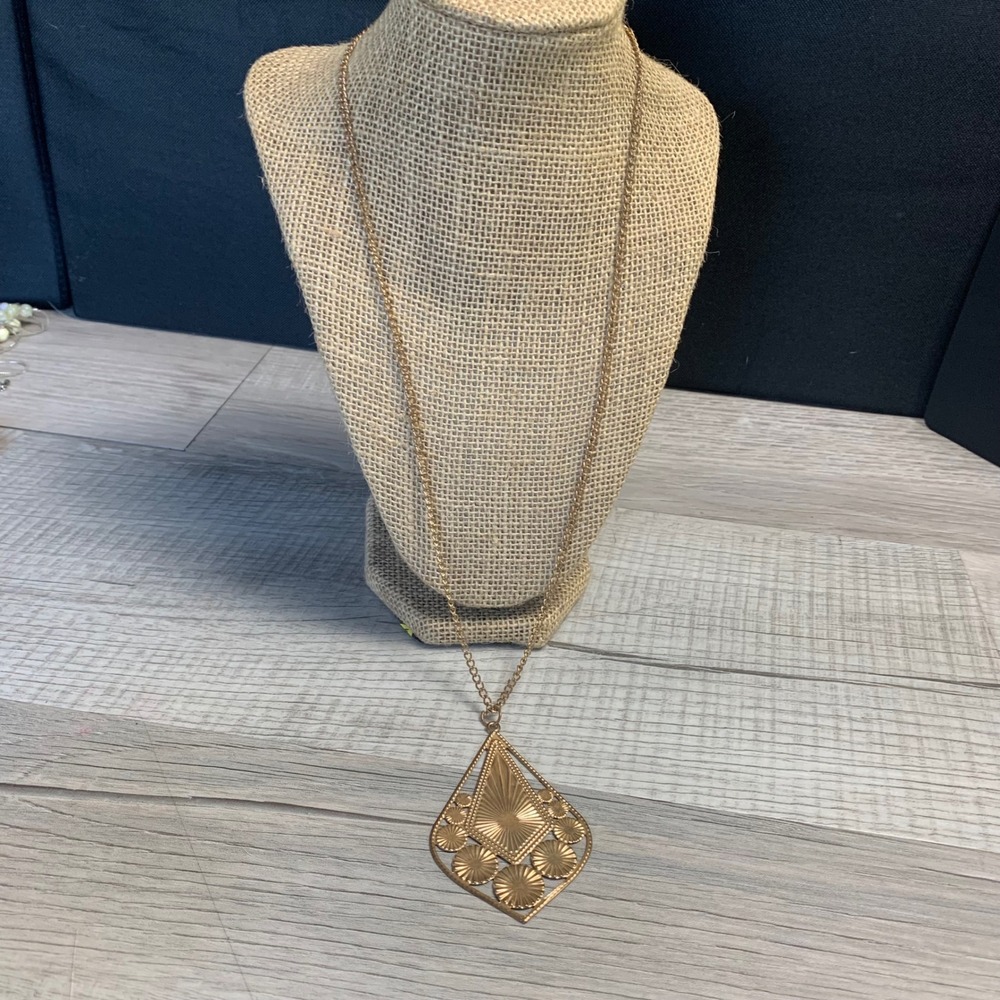 Gold Tone Geometric Diamond Sunburst Pendant Long Chain Necklace 26"